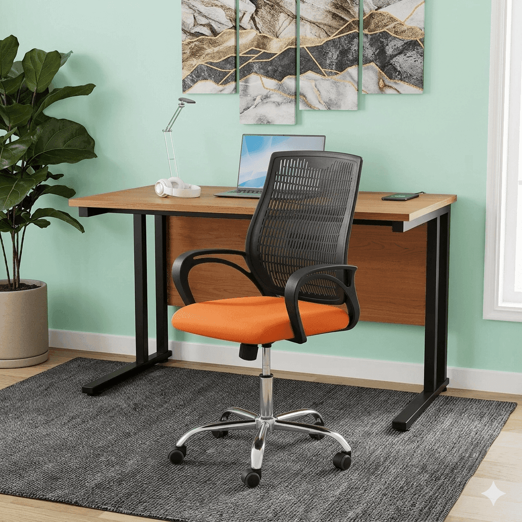 Open-plan workspace furnished with shelves, tables and lounge chairs