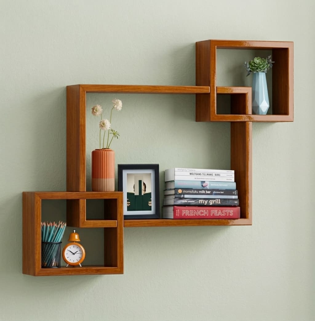 Walnut interlocking box wall shelf holding books, a clock and small decor