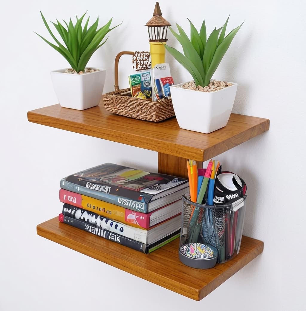 Two dark wenge floating wall shelves holding books, plants and desk supplies